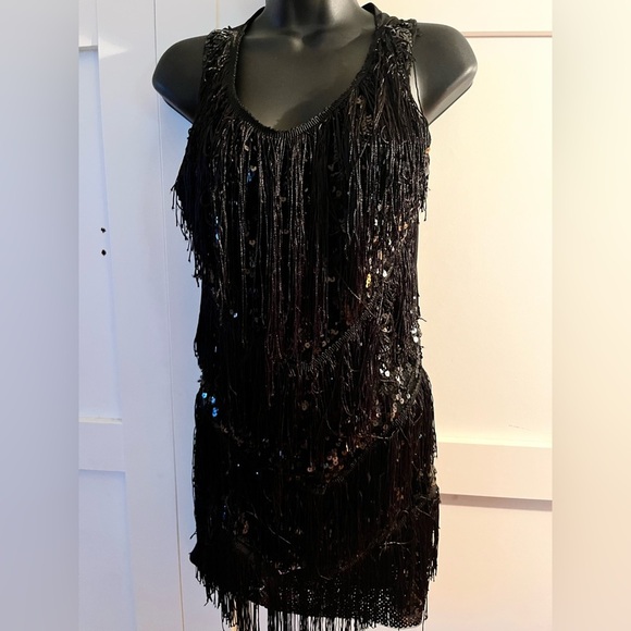 Black Sequin Fringe dress vintage Gatsby dress fringe sequence stampede western - Picture 6 of 11